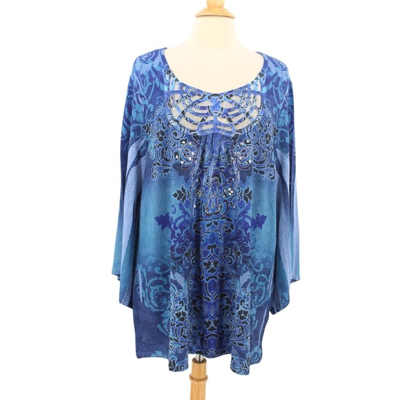 Avenue womens‎ Tunic Top size 18/20 1X Knit Art To Wear Blue Embellished NWT - Picture 2 of 10